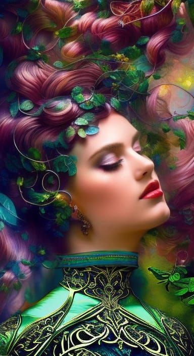 Robot Girl with Vines, Detailed Digital Painting