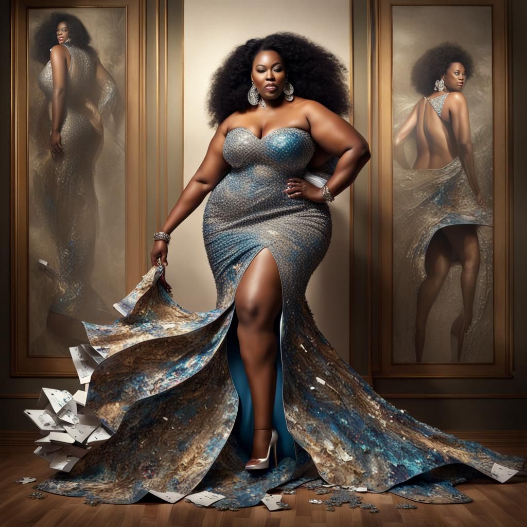 Elegant Plus-Size Model in Puzzle Gown, Detailed Art