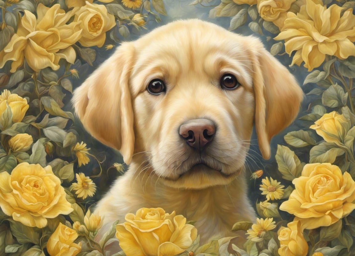 Photorealistic Golden Labrador Puppy in Floral Garden