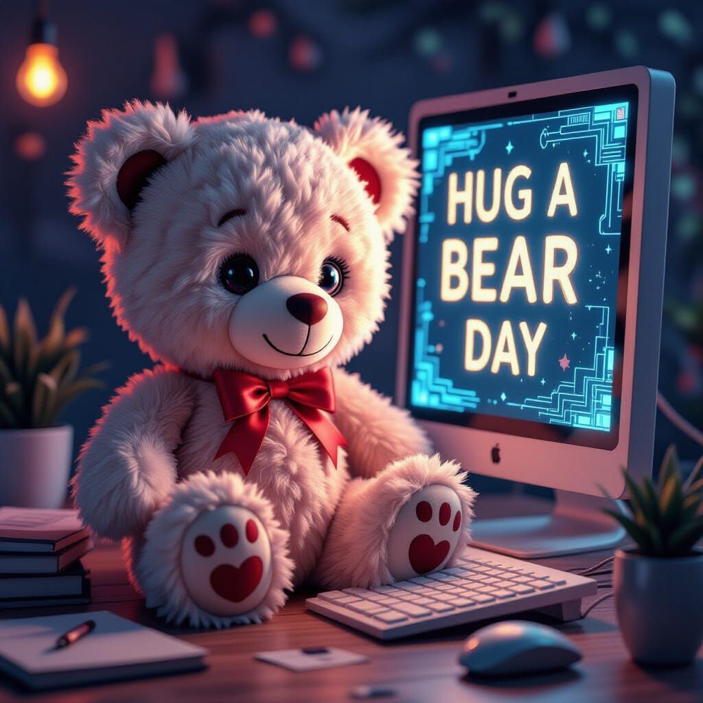 Fluffy Teddy Bear at Computer for Hug A Bear Day