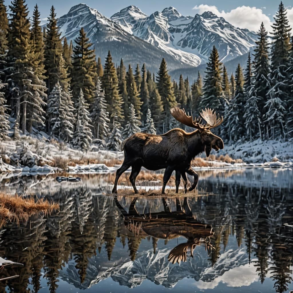Hyperrealistic Landscape with Moose and Mountain Lake Reflec...