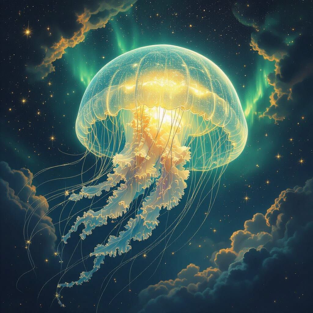Bioluminescent Jellyfish Drifting Through Alien Atmosphere