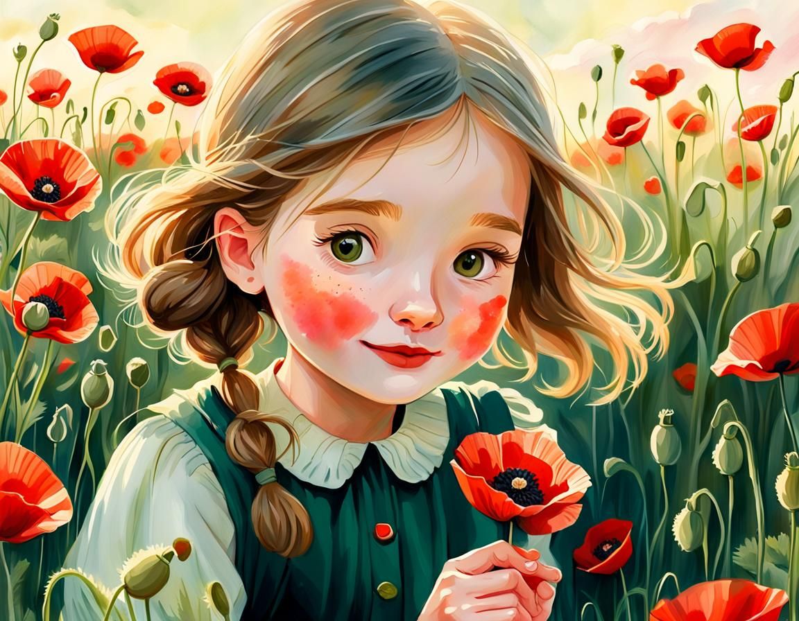 Girl Picking Poppies: Whimsical Gouache Illustration