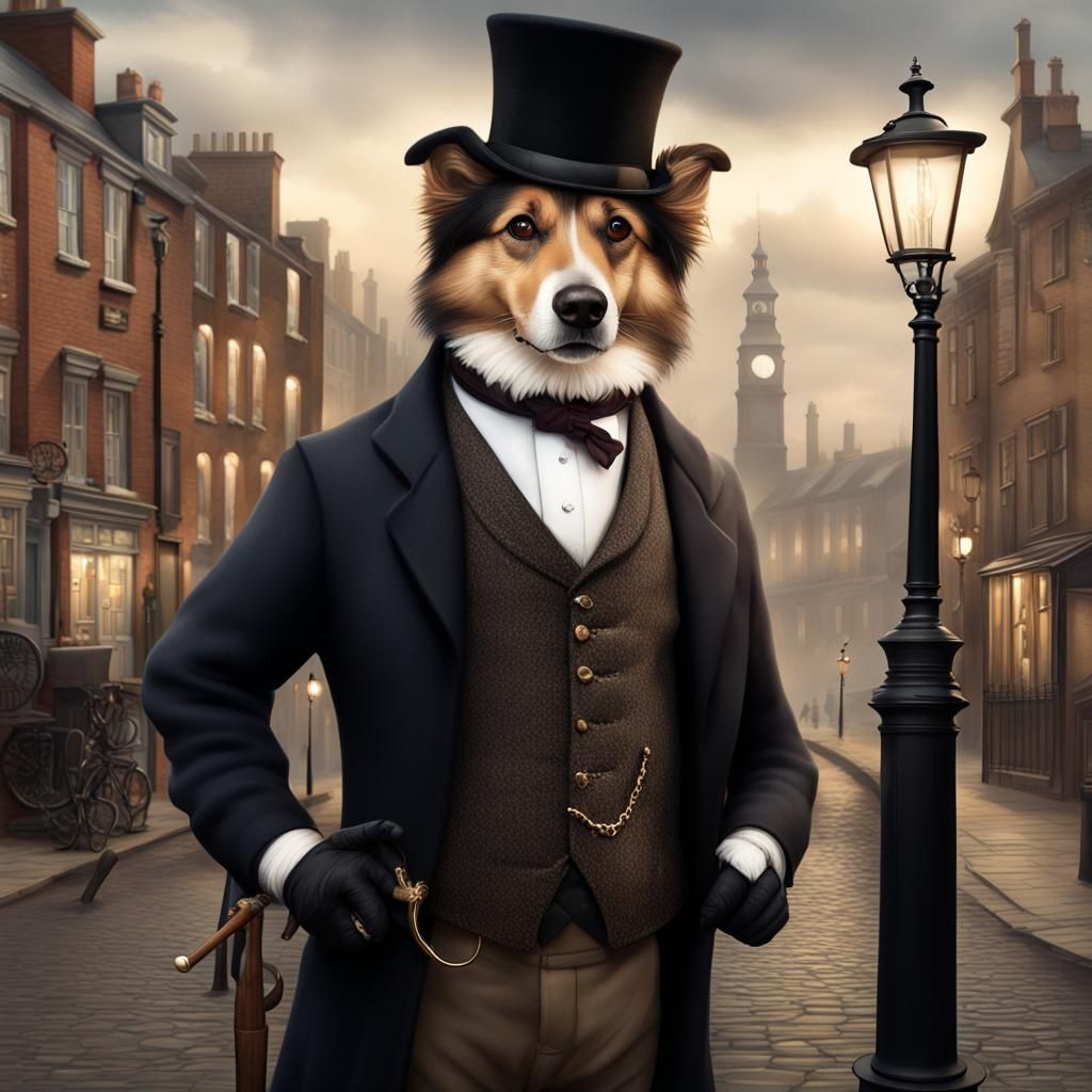 Victorian Dog Gentleman in Dark Fantasy Style