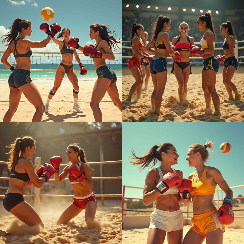 Female Boxers in Boxing Ring Play Volleyball with Boxing Glo...