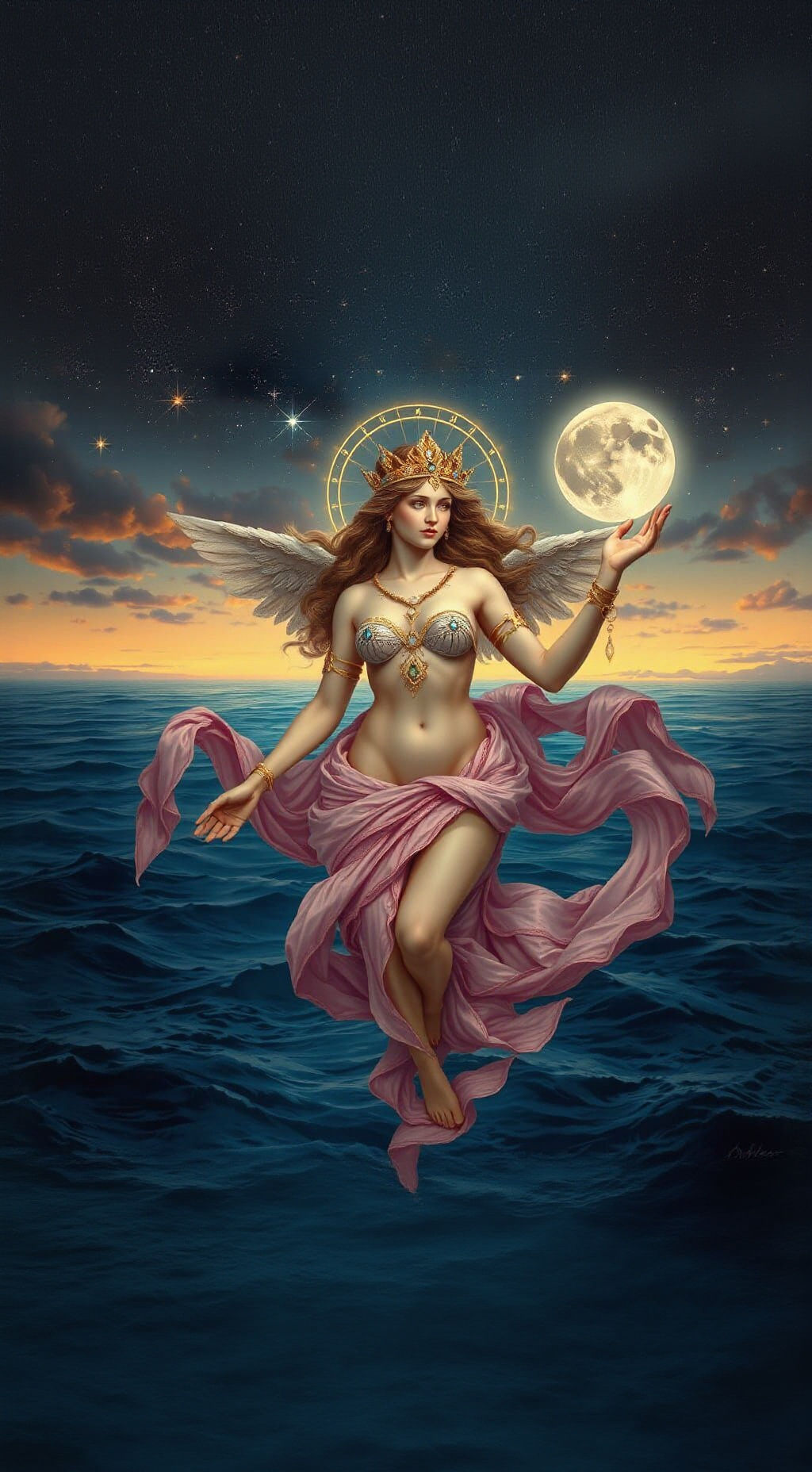 Celestial Goddess Shimmers Above Twilight Ocean