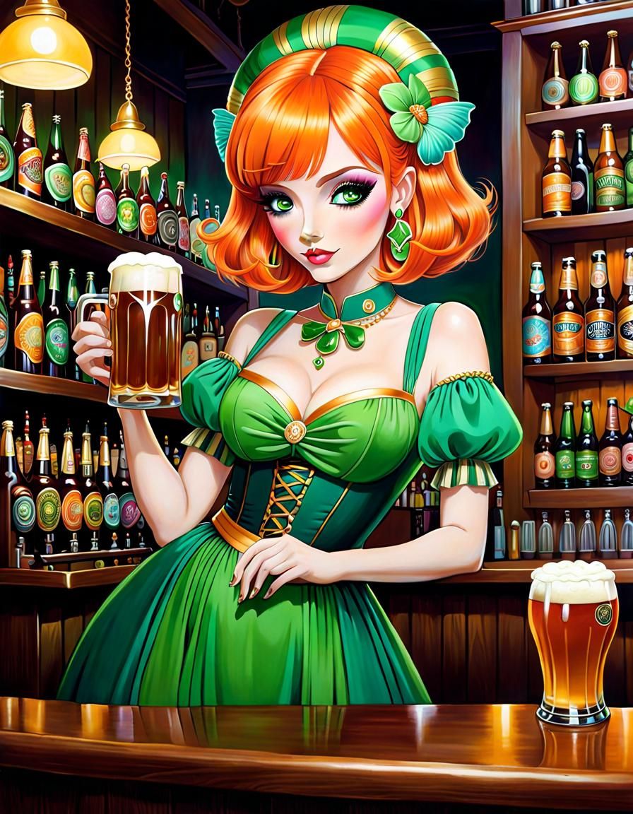 Irish Waifu Serving Beer in Surreal Style