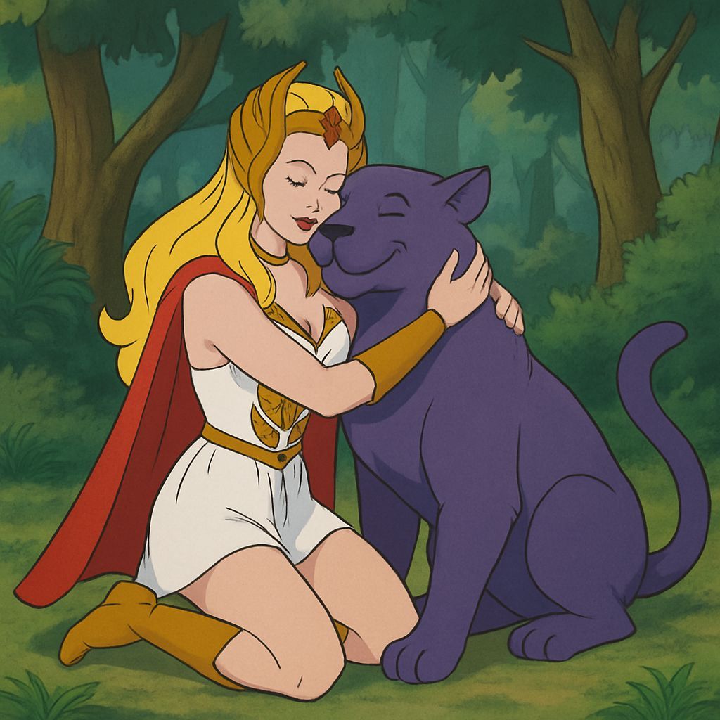 She-Ra and Purple Panther Hug in Forest