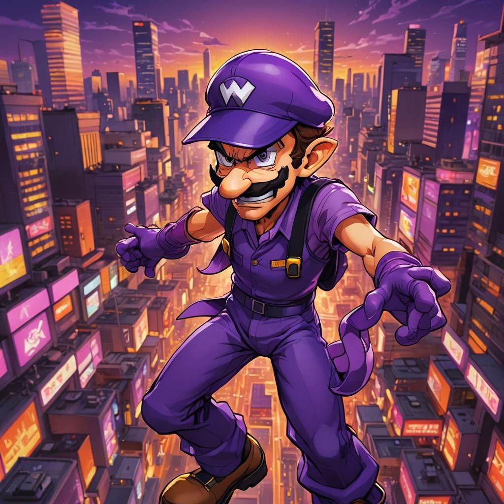 Waluigi in a Vibrant Purple Anime Cityscape