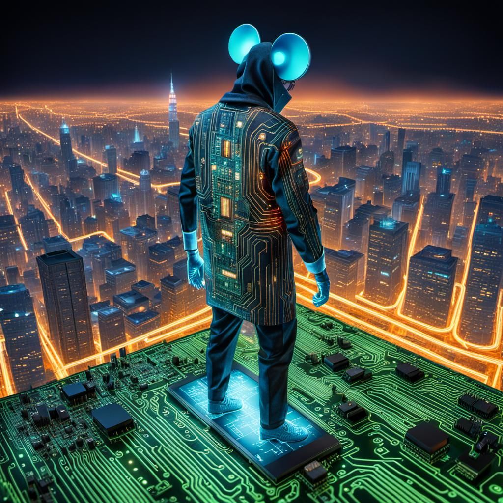 Glowing Circuit Cityscape on Computer Motherboard