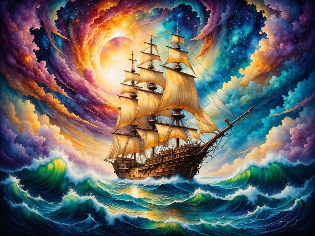 Galleon Sailing Through Swirling Nebula in Fantasy Art