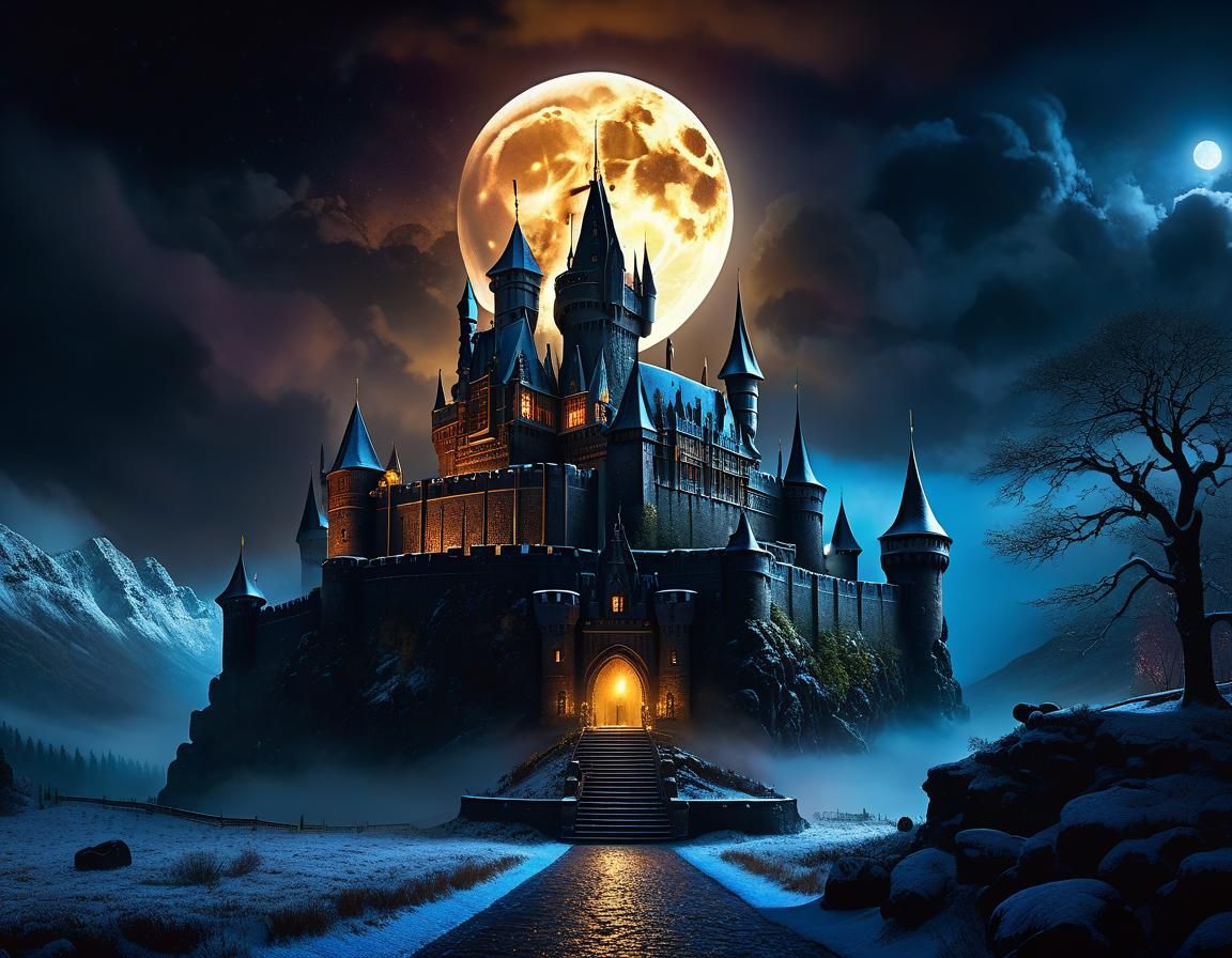 Ominous Hogwarts Castle in Dark Fantasy Landscape