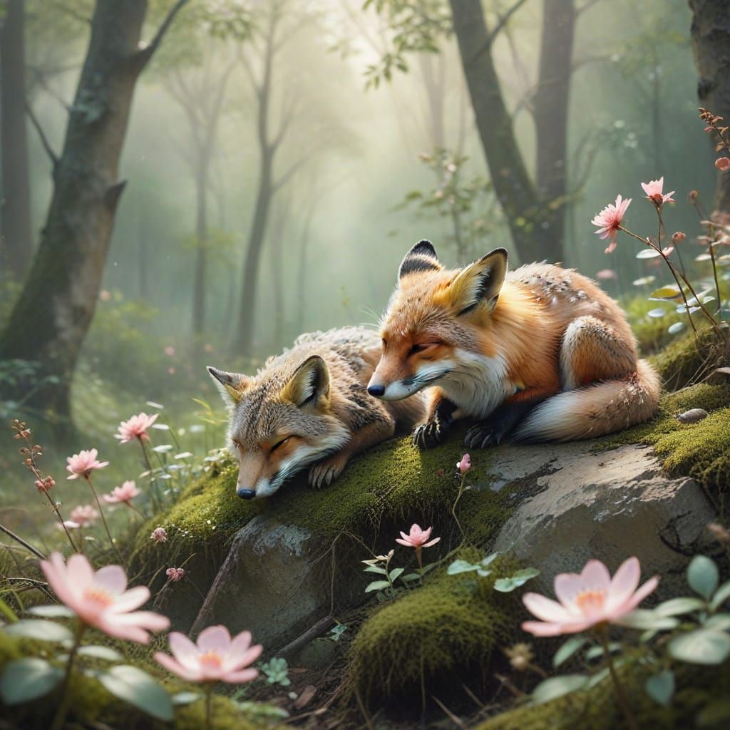 Whimsical Oriental Illustration: Serene Toad and Fox in Spri...