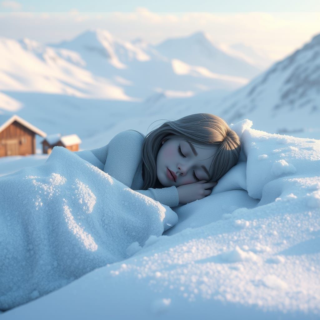 Icy Girl Sleeping in Snowy Mountains
