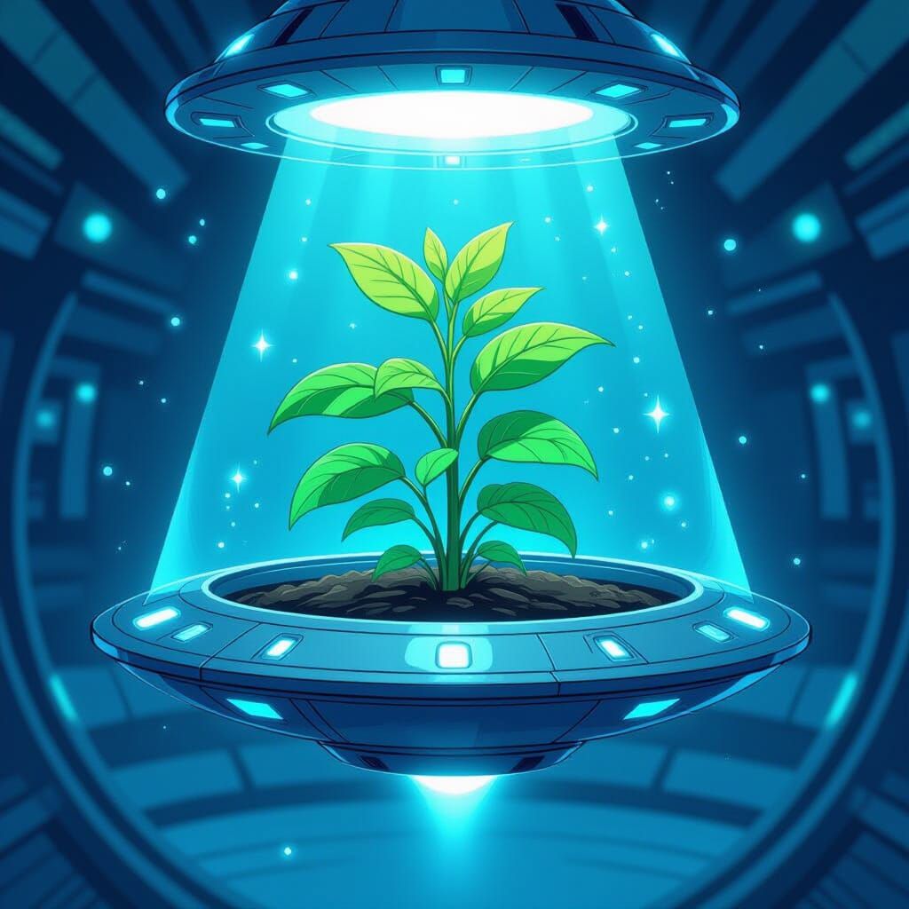 Green Plant Thriving in UFO, Comic Book Art