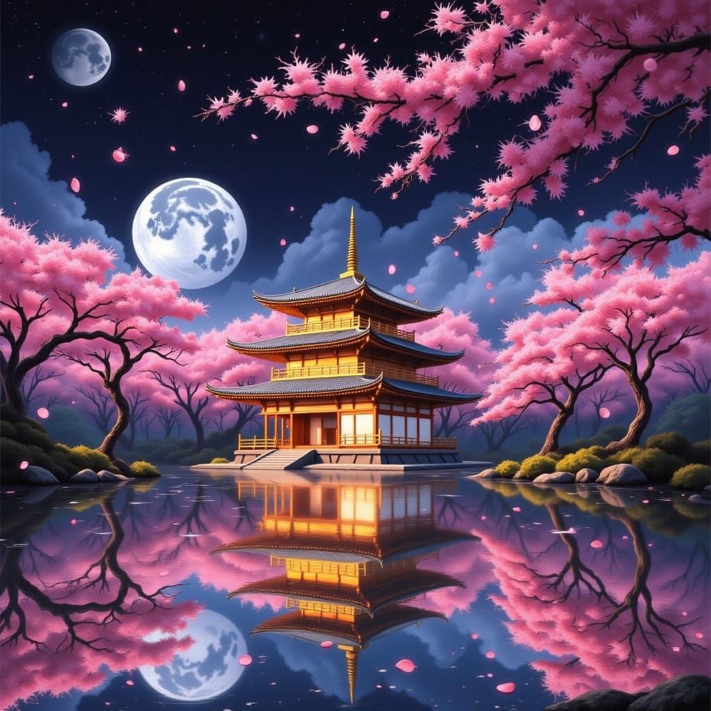 Magical Crescent Moon Over Cherry Blossom Lake