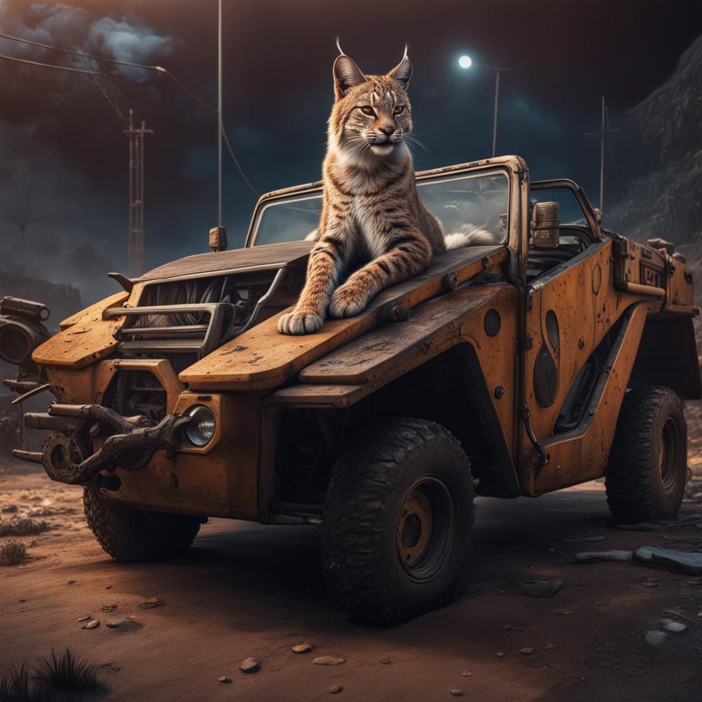 Bobcat Lounging on Car Hood: Detailed Matte Painting