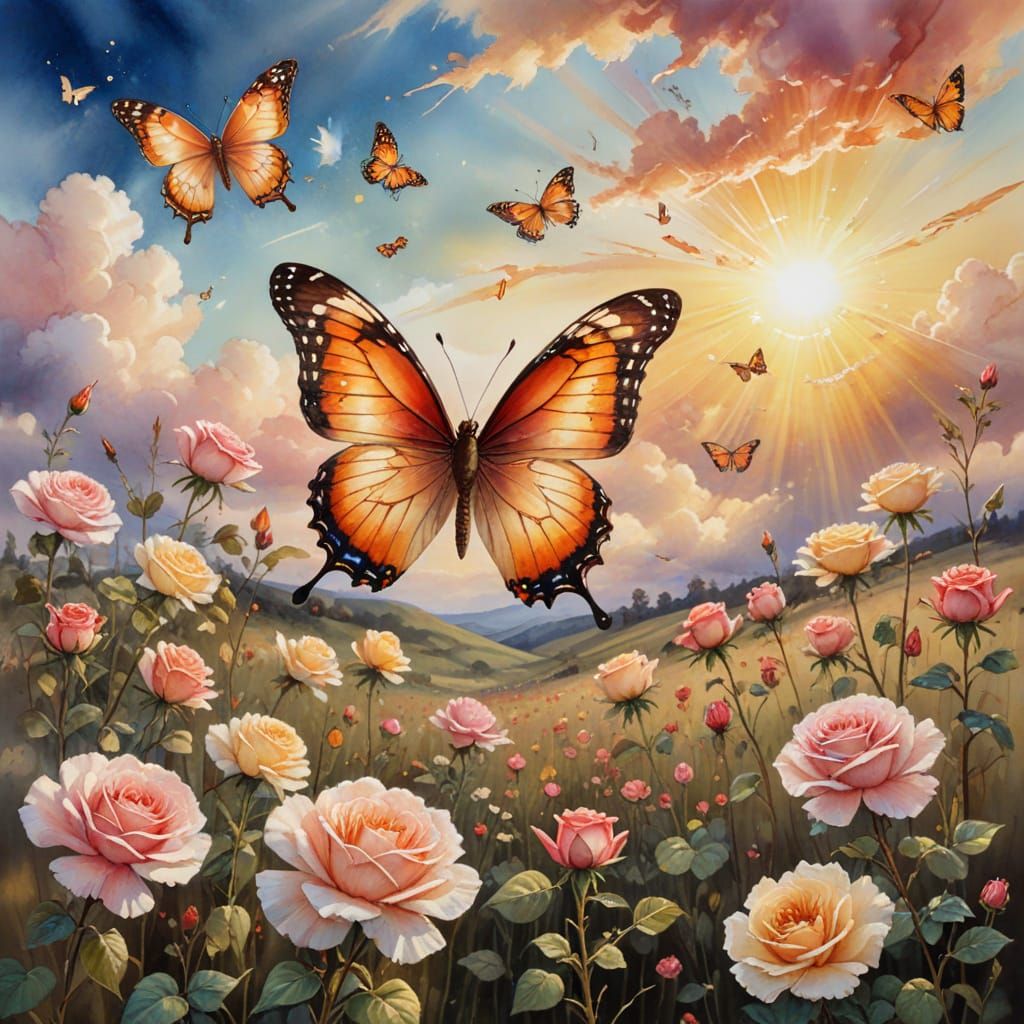 Ethereal Watercolour Butterfly Field in Golden Hour Light