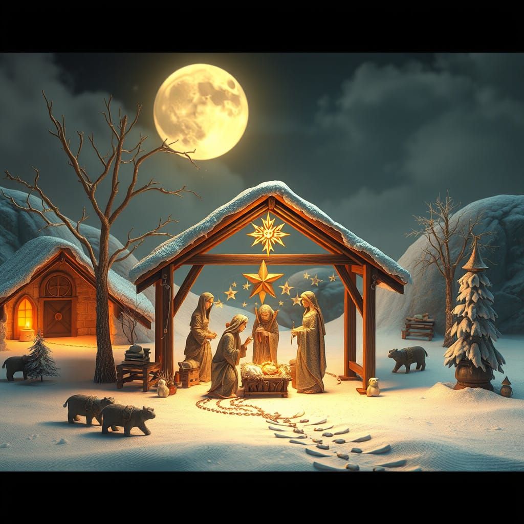 Surreal Christmas Nativity Scene in Hyper-Realistic 3D Digit...