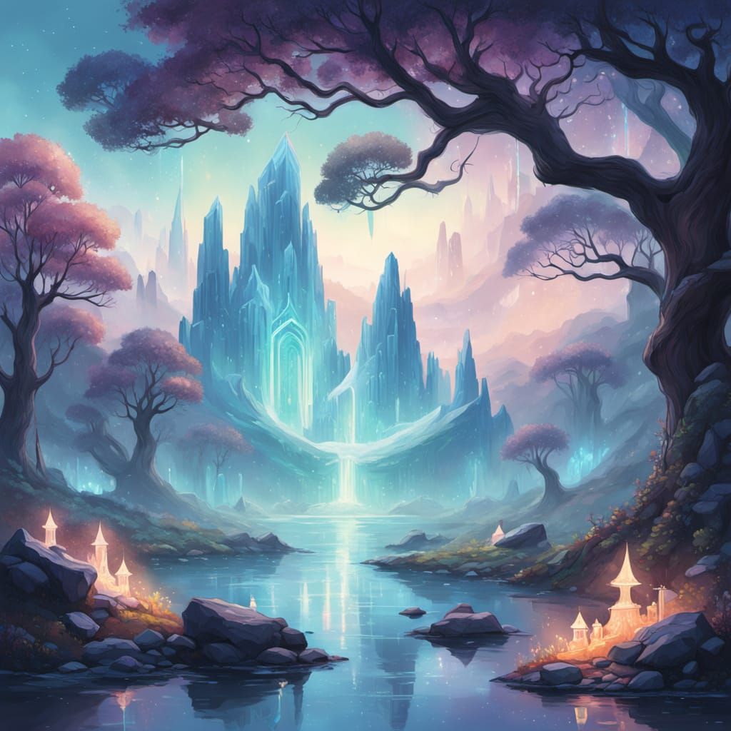 Enchanted Fae Realm with Crystal Palaces in Fantasy Style