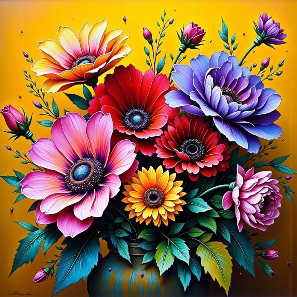 Impasto Floral Still Life Painting with Textured Brushstroke...