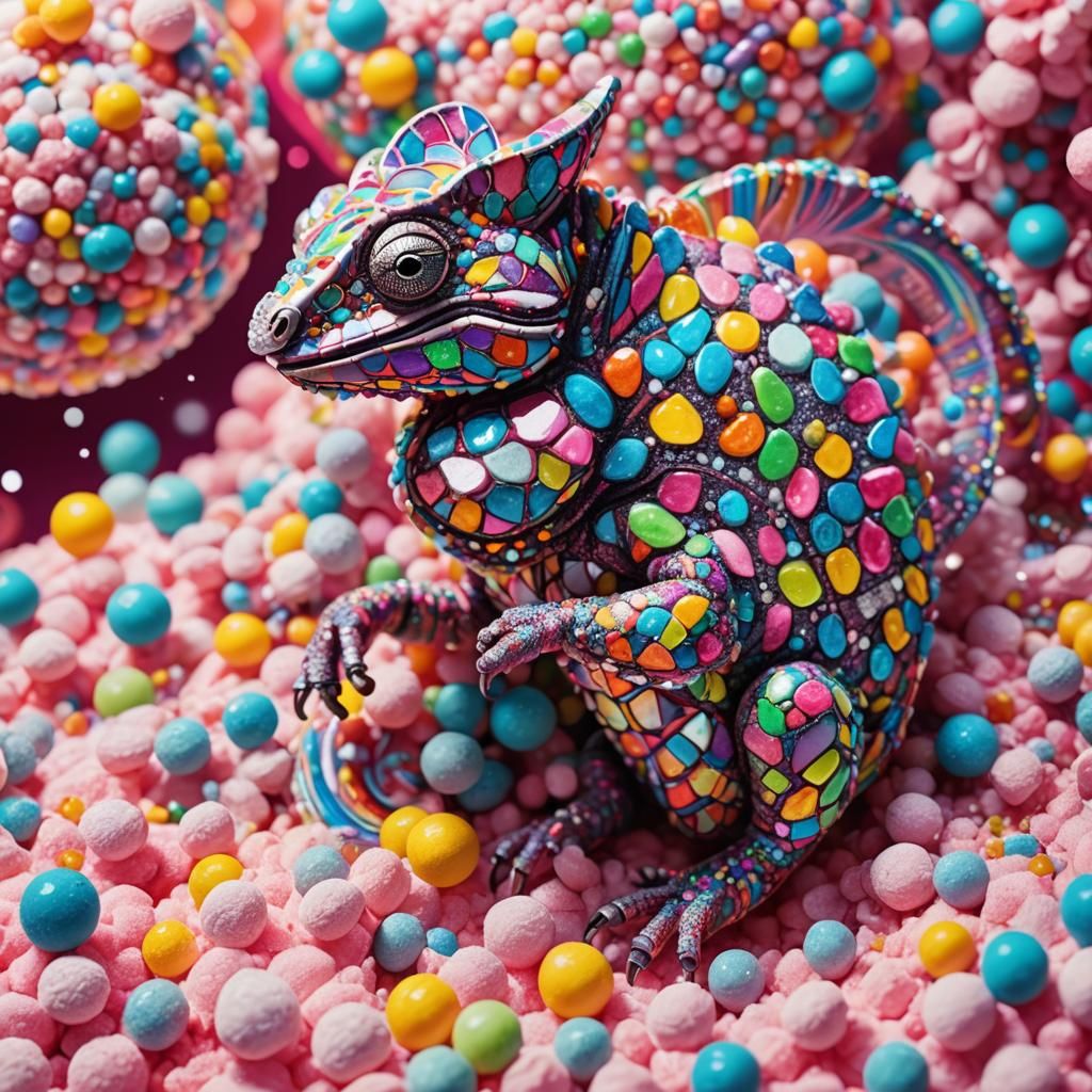 Diamond Chameleon on Cotton Candy in Candy Art Style