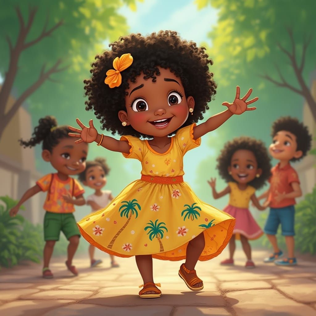 Caribbean Girl Dancing with Friends in Animation Style