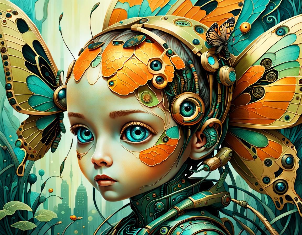 Biomorphic Android Cyborg Butterfly Child Portrait
