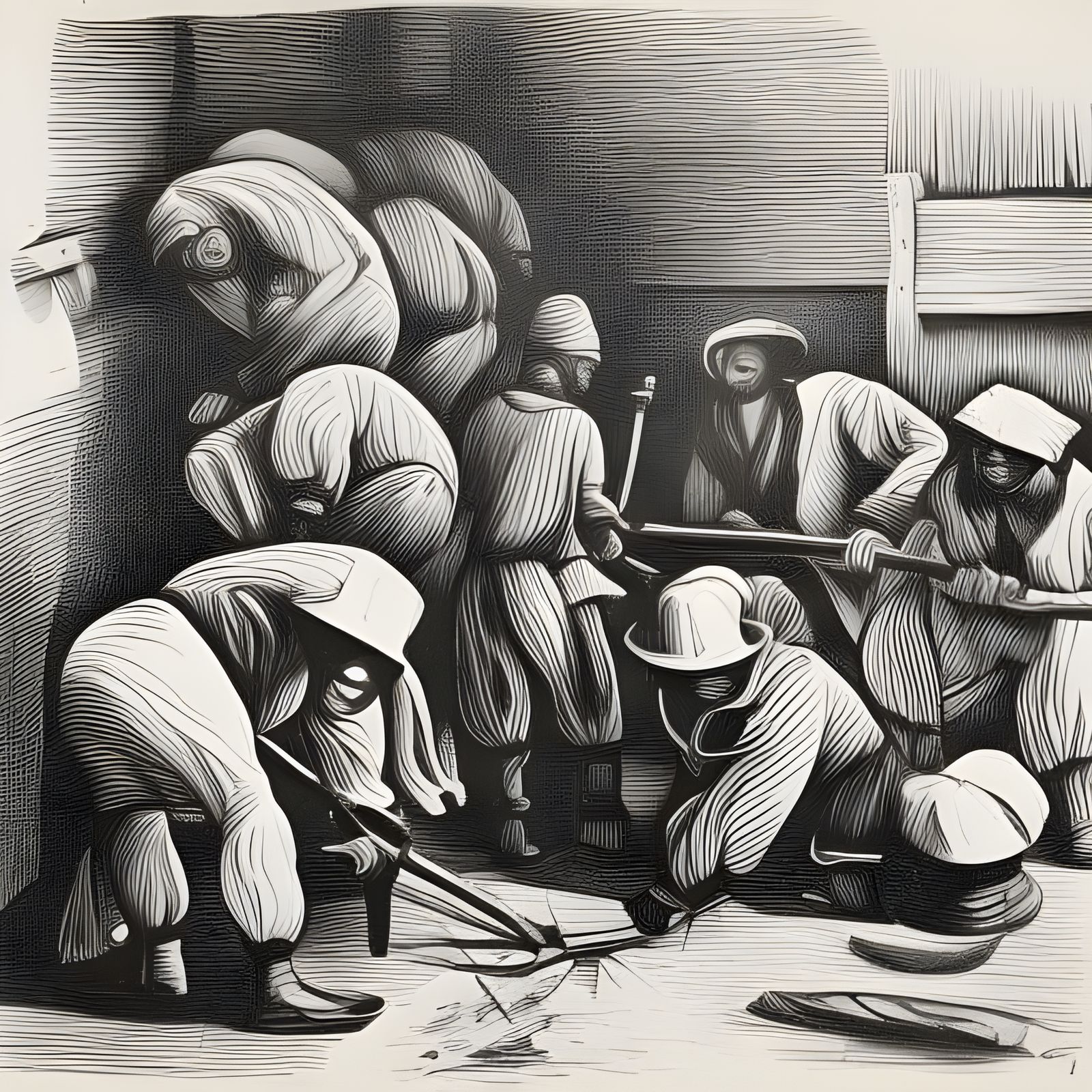 Checkered Workers in Black and White Linocut
