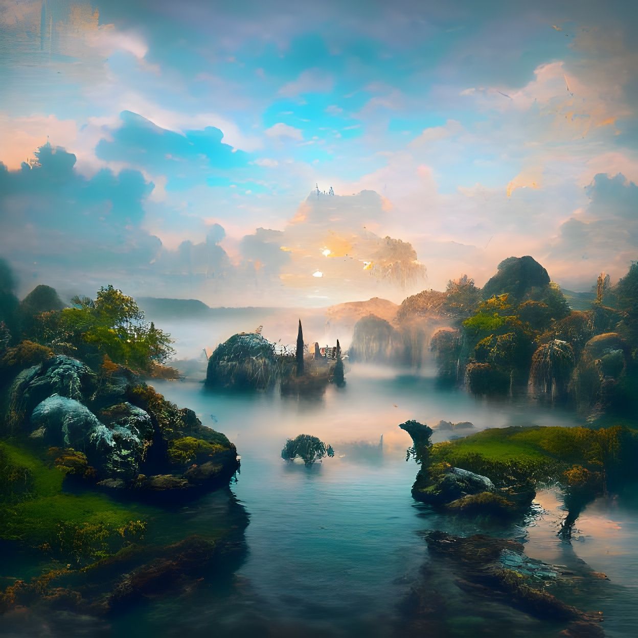 Enchanted Island Waterscape in Art Nouveau Style