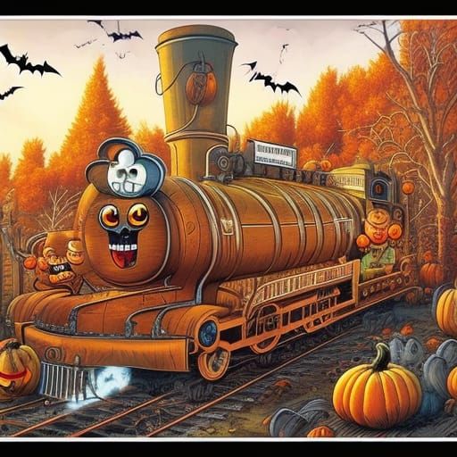 Cartoon Halloween Train in Comic Book Style