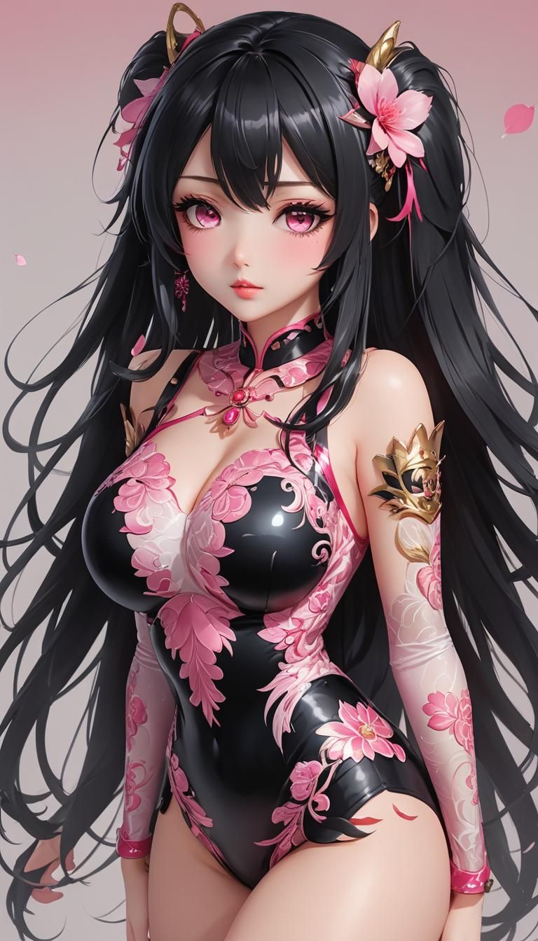 Anime Girl with Pink Eyes in Cel-Shaded Style
