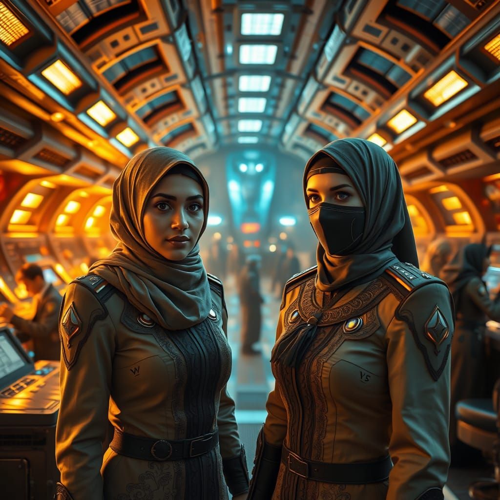 Female Officers on Majestic Art-Deco Starship Bridge