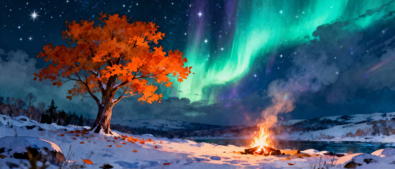 Vibrant Tree Amidst Snowy Aurora and Campfire Glow