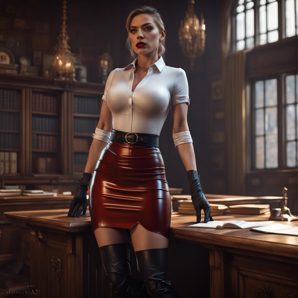 Latex-Clad Teacher: Detailed Fantasy Concept Art