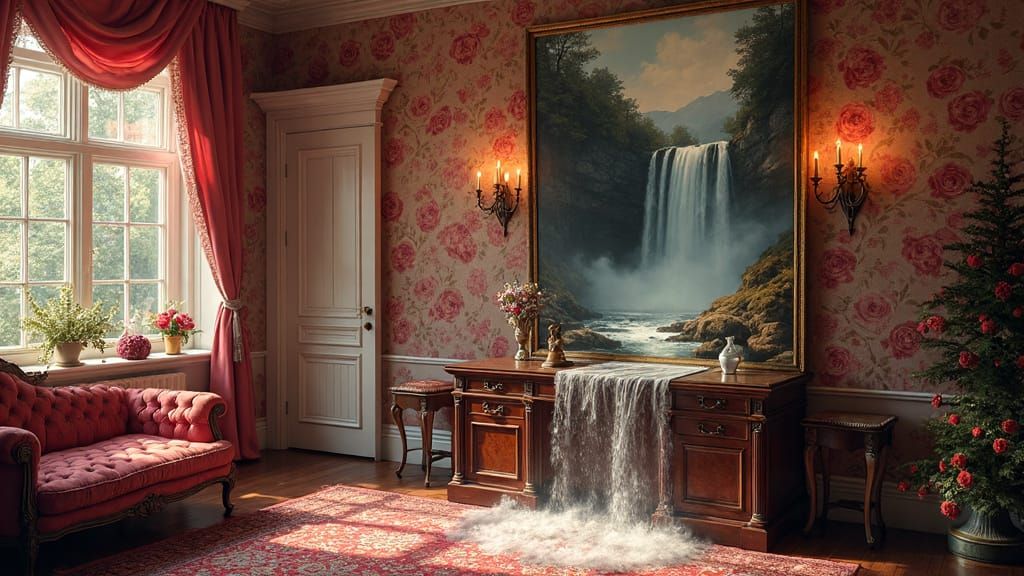 Victorian Parlor With Waterfall Painting, Cinematic Style