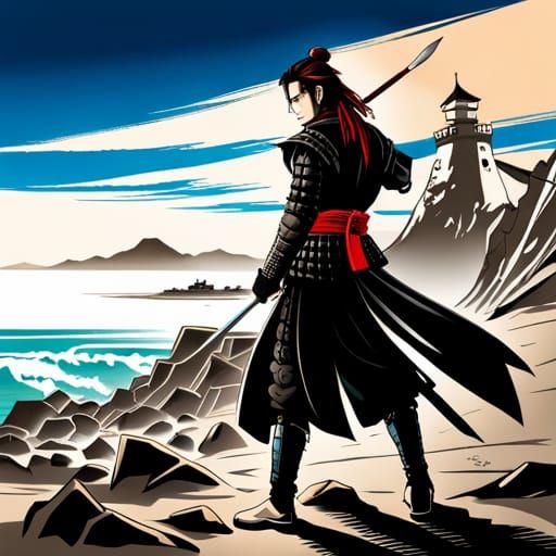 Samurai Victorious on Beach in Anime Style