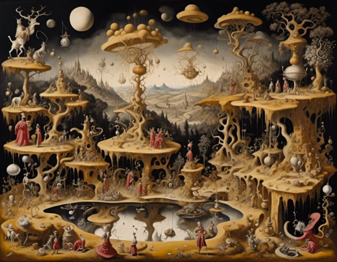 Surreal Ink Wash Art with Grotesque Figures