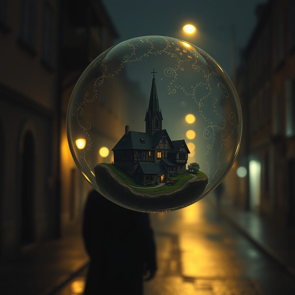 Surreal Medieval Village in a Delicate Glass Orb