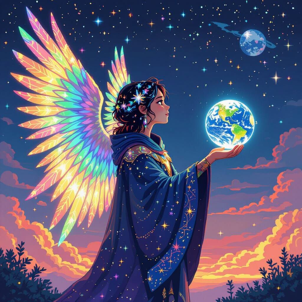 Celestial Creature Gazing at Earth in Pixel Art