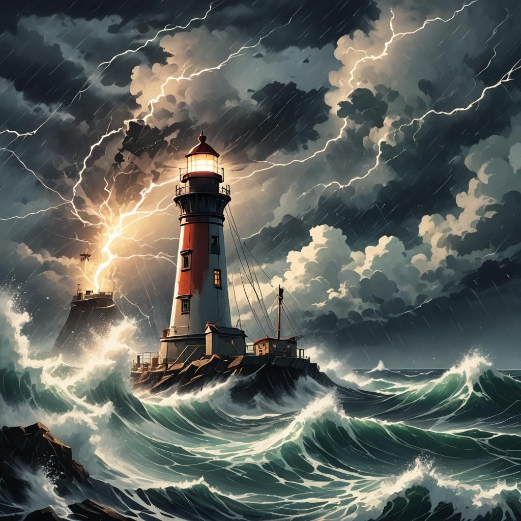 Anime Boat Survives Raging Storm Near Lighthouse