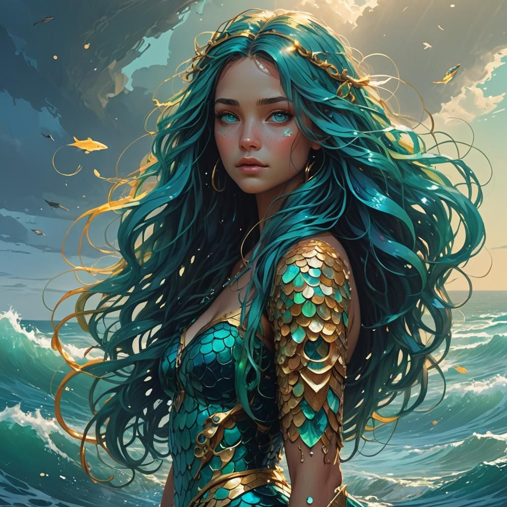 Golden Mermaid with Sapphire Hair, Digital Art