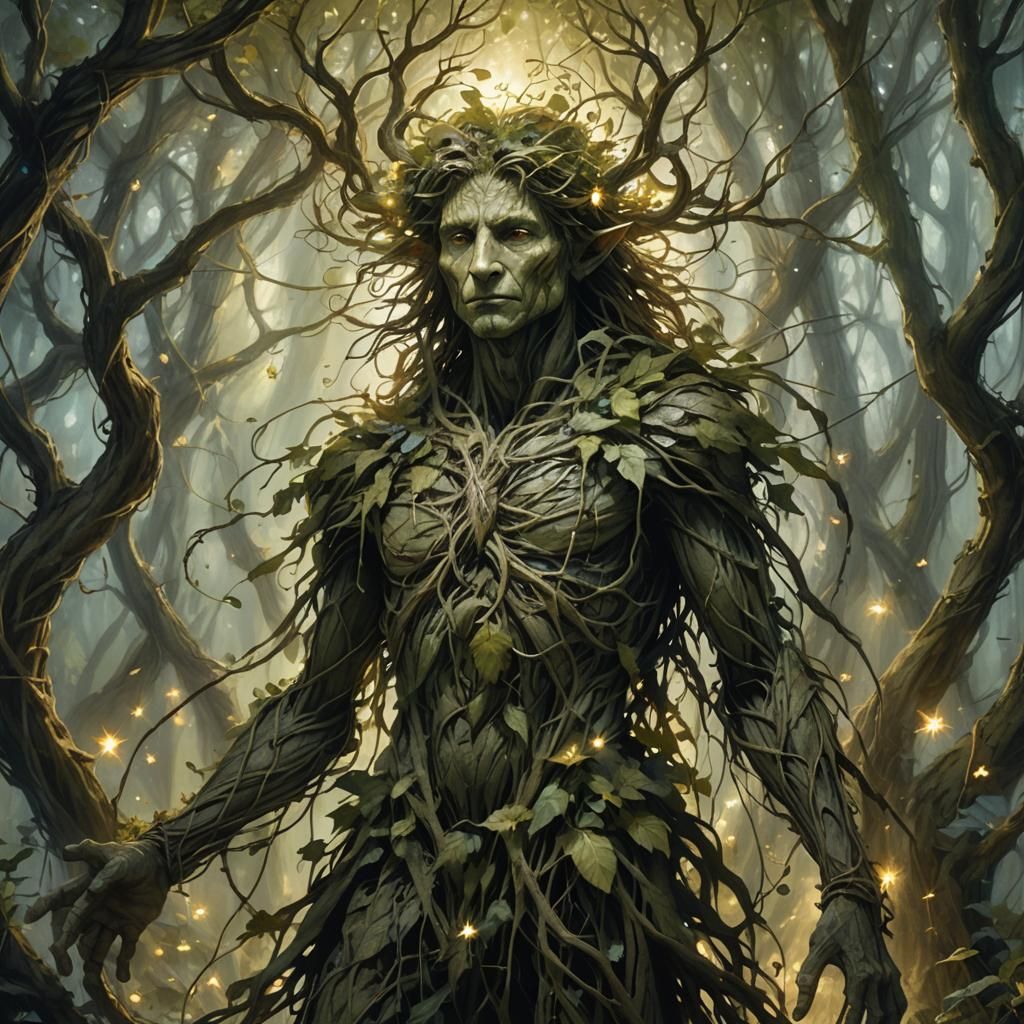 Vine Humanoid in Mystical Forest: Fantasy Concept Art