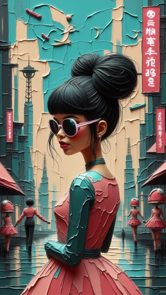 Elegant Woman in Retro-Futuristic 1960s Cityscape