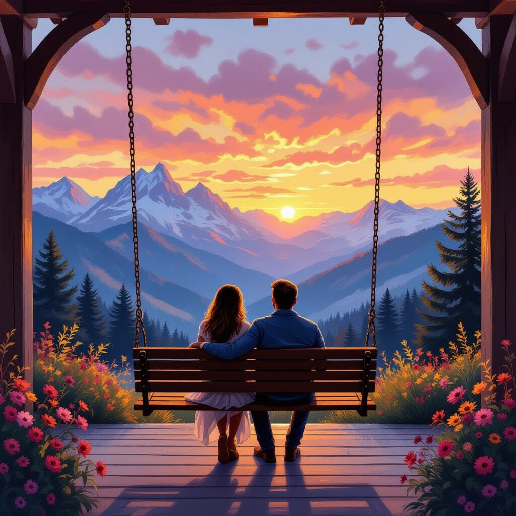 Couple's Serene Sunrise Moment on Rustic Porch Swing