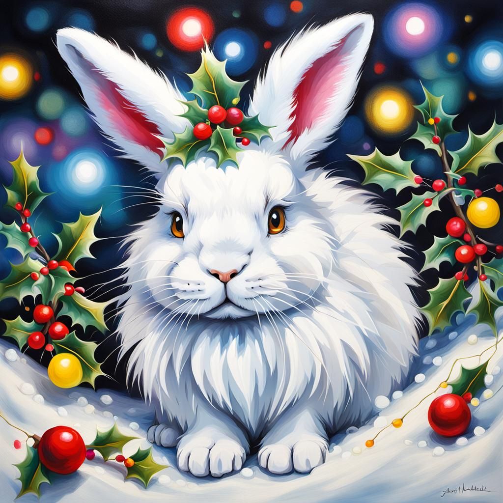 Airbrushed Oil Painting of a Whimsical Christmas Bunny