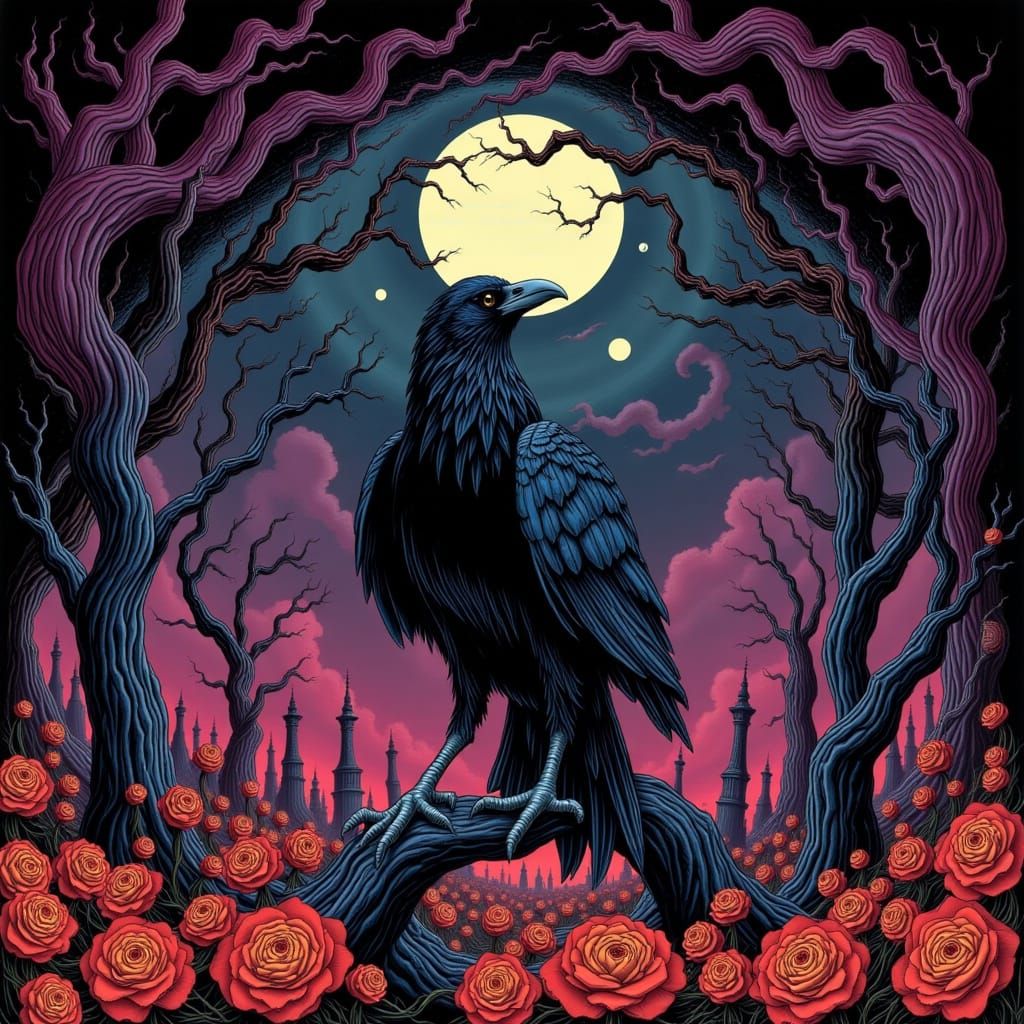 Raven Recites "Nevermore" in Escher-Inspired Style