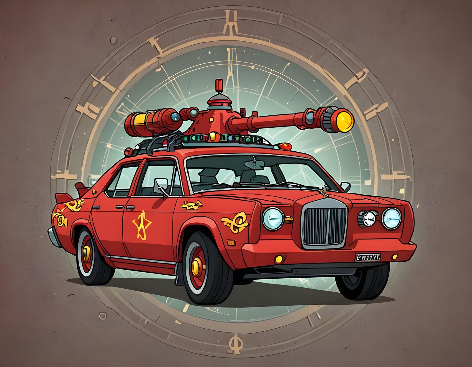 Cartoon Time Machine Car Interior in 2D Style