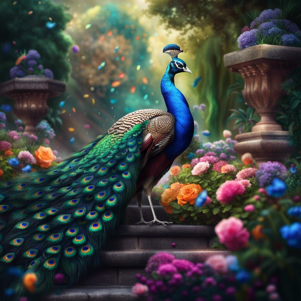 Majestic Peacock in a Detailed Digital Garden