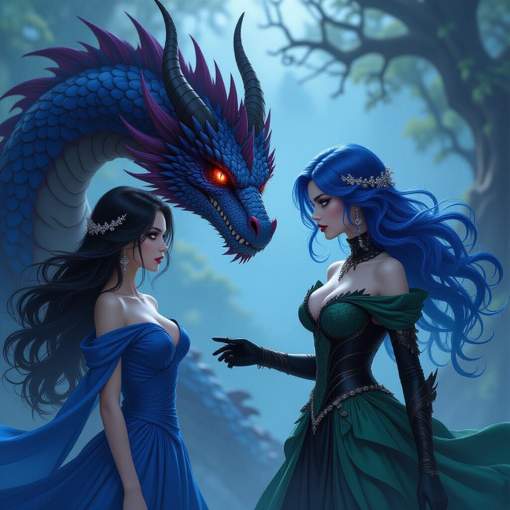 Mother Dragon Stops Sisters' Battle in Dark Fantasy Art